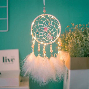 Girl Heart Dream Catcher National Feather Ornaments Lace Ribbons Feathers Wrapped Lights Dreamcatcher